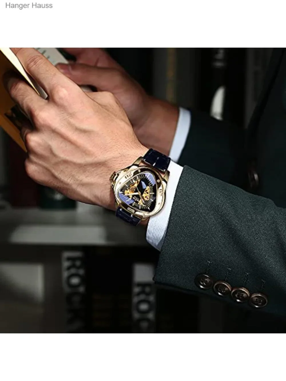 FORSINING Gold Automatic Mechanical Wrist Watch with Triangle Dial & Leather